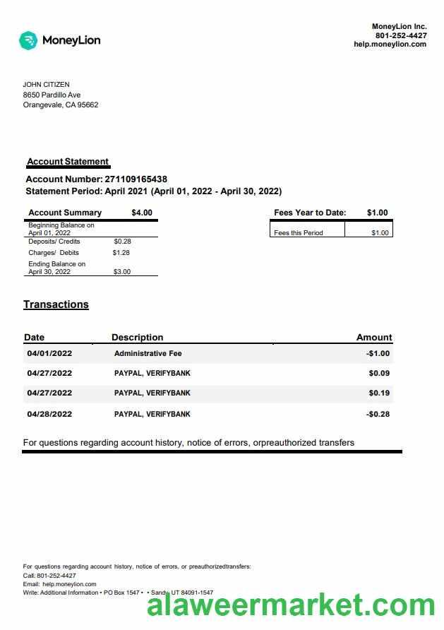 USA California MoneyLion bank statement